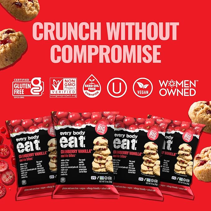 Every Body Eat Crunchy Cookie Bites, Gluten & Dairy Free, Vegan, School Safe Lunch Snacks, Single Serve (Pack of 20) (Cranberry Vanilla)