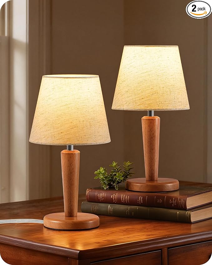 12”Wood Bedside Table Lamps Set of 2, Small Desk Lamps for Small Places, 3 Color Temperatures with Memory,Beige Linen Shade & E26 Bulbs, for Bedroom Living Room Office LE13TLP205