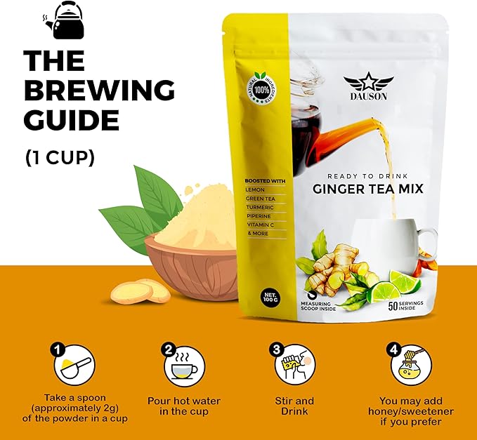 Ginger Lemon Herbal Tea Powder – Refreshing Blend with Licorice, Turmeric, Decaf Green Tea, Vitamin C – Caffeine-Free, Vegan, Gut-Friendly Detox Tea – 50 Servings