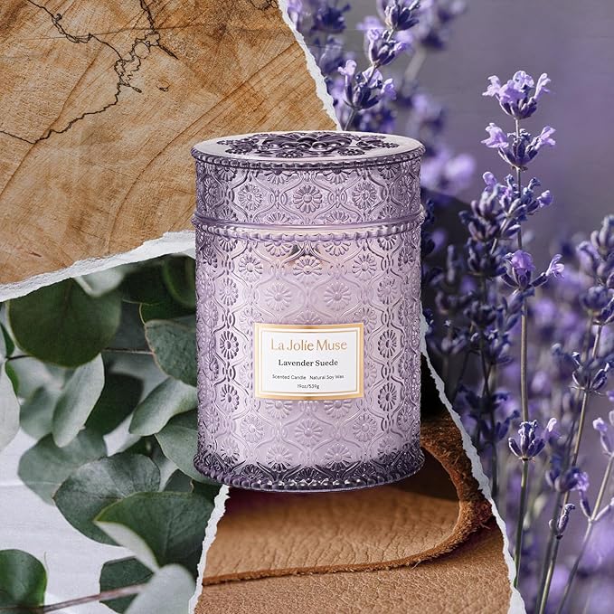 LA JOLIE MUSE Lavender Suede Candle – Eucalyptus, Lavender & Sandalwood 19 oz Large Wooden Wick Candle | Natural Soy Wax | 90 Hours Clean Burn | Aromatherapy Candle for Relaxation