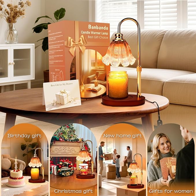 Candle Warmer Lamp with Timer Dimmable: Wax Warmer Gifts for Mom, Birthday Gifts for Women & Home Decor for House Warming Gifts New Home– Adjustable Height for New Home Bedroom (Brown)