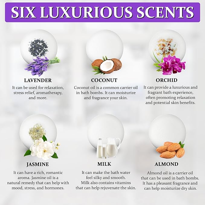 Pack Vegan Bath Bombs with Cocoa Butter & Avocado Oil - Aesthetic Appeal & Aroma, Perfect for Self-Care & Spa, Ideal Gift for Kids, Women and Moms, Pack of 6 (100 grs)