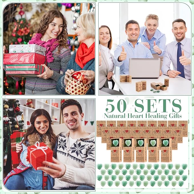 Landical 50 Sets Pocket Hug Token Gifts Small Crystal Heart Stones Bulk with Boxes Mini Heart Shape Natural Stones for Colleagues Family Distance Social Celebration of Life Gifts(Green)