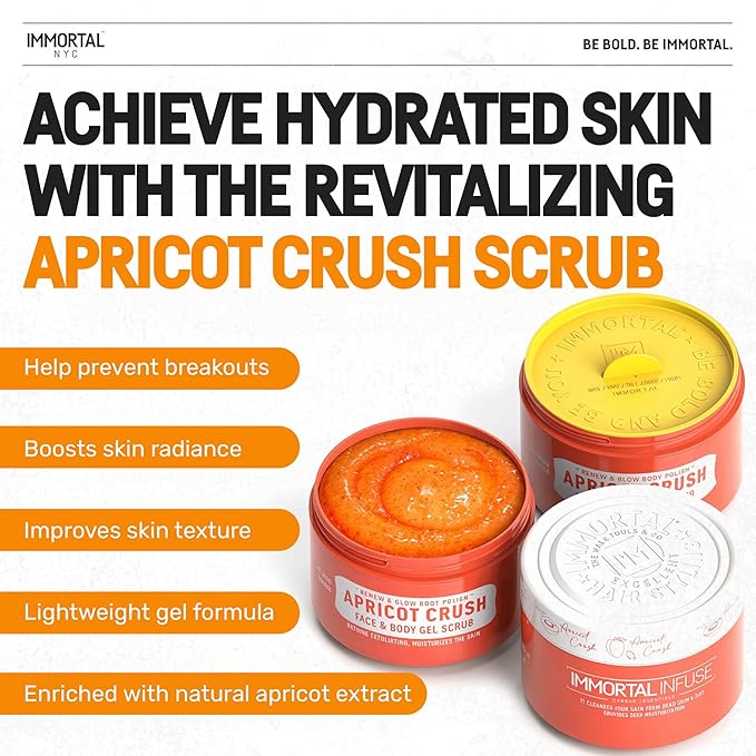 Immortal NYC Apricot Crush Face & Body Scrub Mask Gel- Moisturizing and Exfoliating Body, Face, Hand, Foot Scrub - Fights Acne, Fine Lines & Wrinkles, Great Gifts For Women & Men - 10 oz