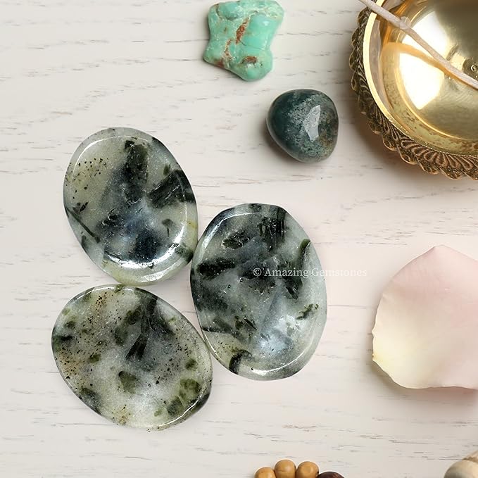 Amazing Gemstone Green Tourmaline in Quartz Worry Stone Crystals and Healing Stones - Worry Stones for Stress Relief Gift - Piedra Crystal Fidget for Meditation - Stocking Stuffers and Birthday Gift