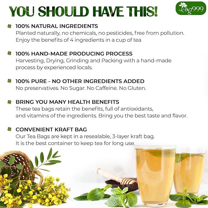 TOG999 100 Tea Bags Relieves Constipation Natural Tea, Blend of Senna Leaves - Peppermint - Licorice - Fennel, 100% Natural Ingrendients, Hand-made Herbal Tea, No Sugar, No Caffeine, No Gluten, Vegan.