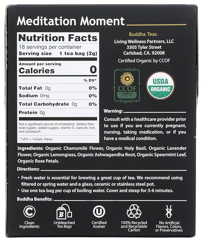 Buddha Teas - Organic Meditation Moment Tea - Herbal Tea - For Health & Wellbeing - With Antioxidants & Minerals - Clean Ingredients - Caffeine Free - OU Kosher & Non-GMO - 18 Tea Bags (Pack of 1)