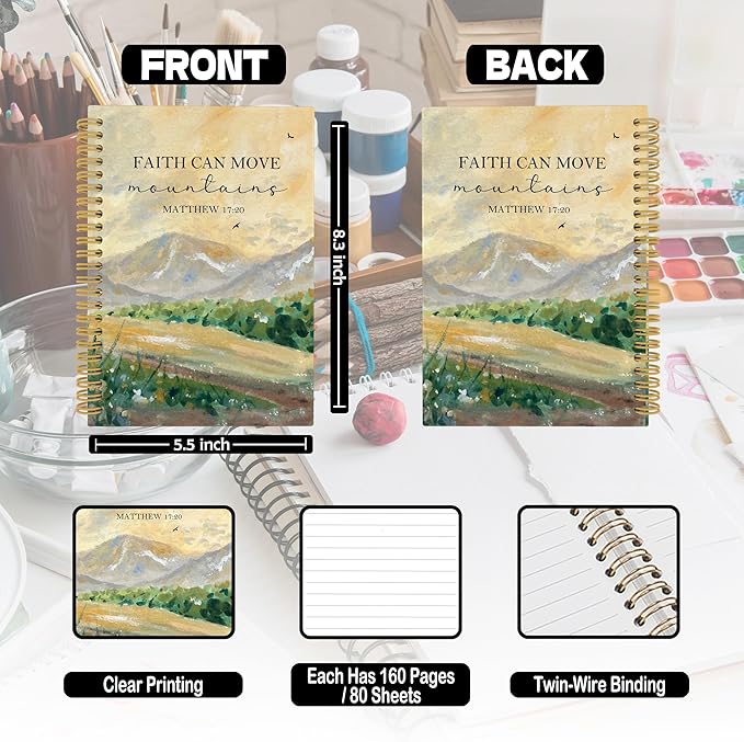 Faith Can Move Mountains Christian Spiral Notebook, Bible Journaling Notebooks for Women Men, Religious Hardcover Journals for Office 160 Pages 5.5 x 8.3 Inch, Christian Gifts for Women Faith