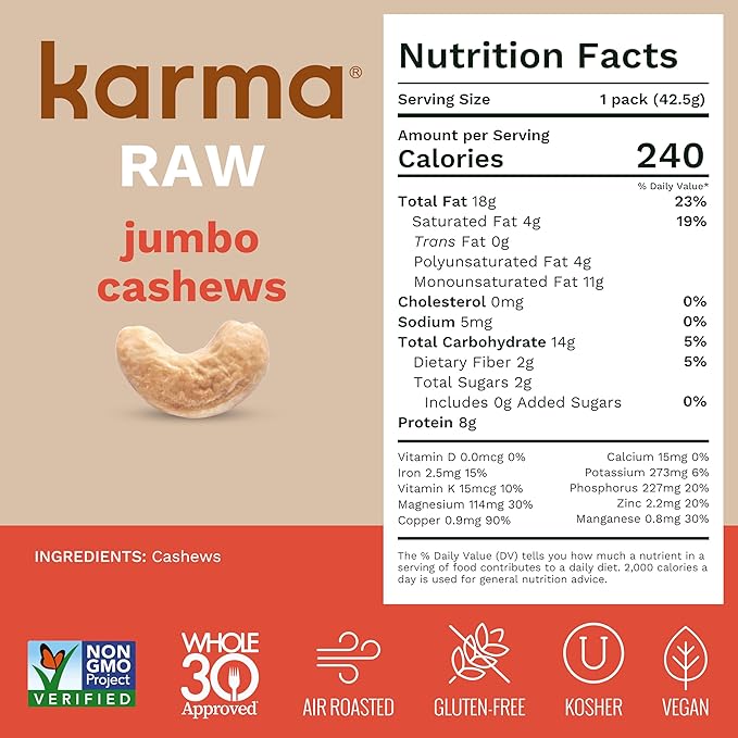 Raw Jumbo Cashews by Karma Nuts, Whole, Vegan, Gluten Free, Low Net Carb, Natural, No Sugar Added, Keto Friendly, Everyday Nut Snack, 1.5 Ounce (12 Snack Packs)
