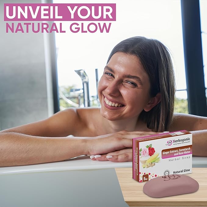 HERBOGANIC Ginger Extract, Cornstarch and Rose Water Herbal Soap | Pack of 6 of 5oz soap Bar | Ideal for Men and Women, Soothing and Nourishing Soap for Moisturization