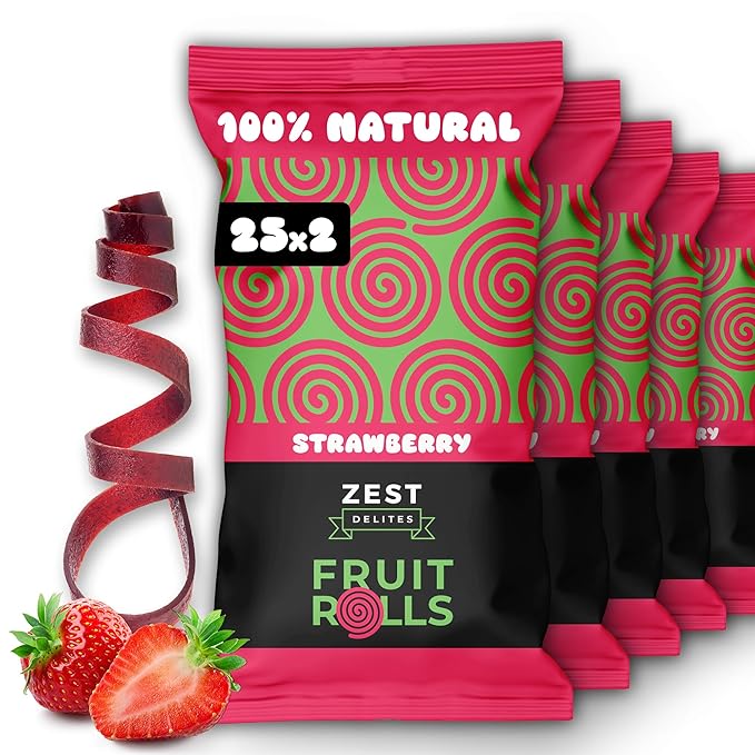 Fruit Rolls by Zest Delites, 100% Natural Healthy Fruit Snacks Bulk for Kids & Adults, Made from Real Strawberry Leather, Vegan, School Lunch Snack, A Twist on Strawberry Strips, 25 Packs