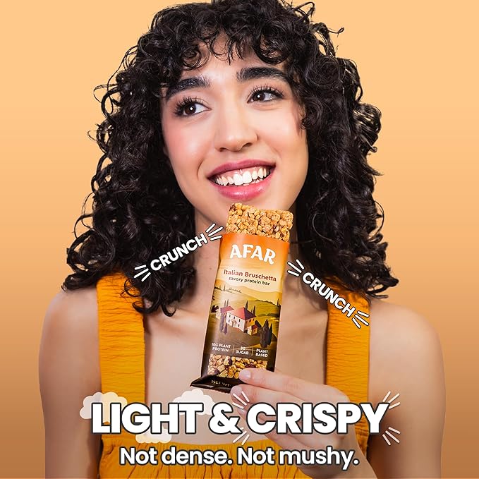 Afar Savory Protein Bars – Low Sugar, High Protein – Healthy Snacks for Adults – Meal Replacement Bar – Rice Crispy Texture – Vegan, Gluten Free (8 Bars, Italian Bruschetta)