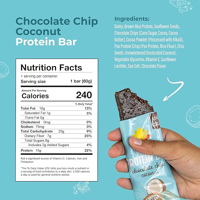 Amrita Nut Free Chocolate Chip Coconut Vegan Protein Bars (12 CT PK of 3) | 12g Plant-Based Protein Bar | Peanut Free, Gluten Free, and Dairy Free | Low Sugar, High Fiber, Healthy School-Safe Snacks