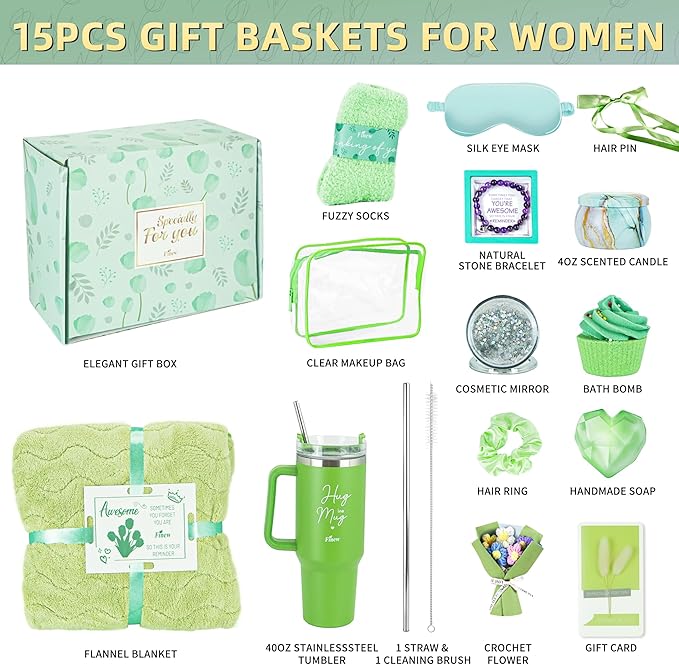 15PCS Birthday Gifts for Women, Relaxing Spa Gifts Baskets for Her, Care Package with Luxury Flannel Blanket and 40 oz Tumbler, Valentines, Mothers Day, Christmas Women's Gift for Mom, Wife, Friends