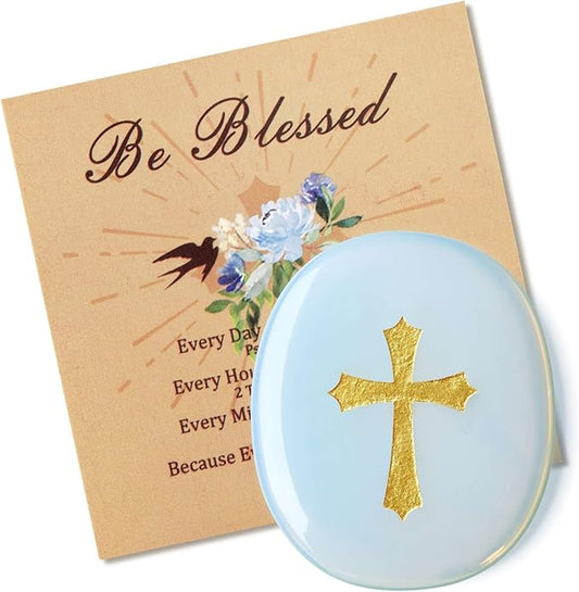 LAIDANLA Opalite Cross Engraved Healing Crystal Worry Stones for Pray Faith Anxiety Relief Oval Palm Stone Polished Natural Crystal Gifts