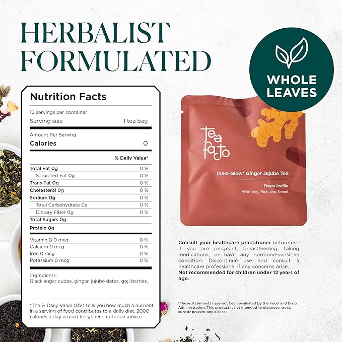 Tea Facto Inner Glow* Jujube Ginger Tea Bags with Dried Ginger Roots and Red Dates - Natural Fiber, Zero Added Sugar, Zero Caffeine - 10 Count