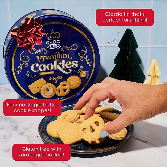 ChocZero Keto Butter Cookies - Sugar Free Danish Shortbread Gift - Gluten Free, Low Carb (1 tin, 12 oz) (Pack of 2)