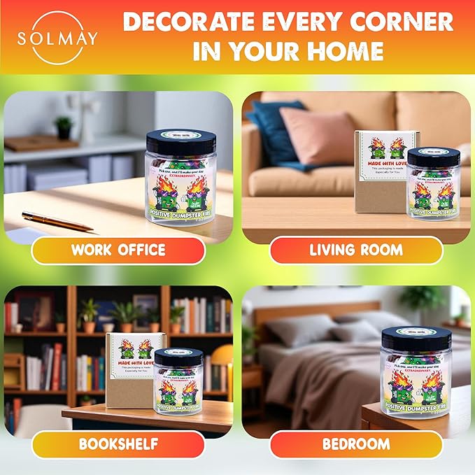 Positive Dumpster Fire Jar ā Funny Desk Accessory with 60 Daily Affirmations for Self Care & Mindfulness, Emotional Support Dumpster Fire Gift for Office Coworkers, Unique Zen Desk Decor