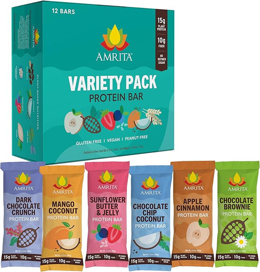 Amrita Nut Free 6 Flavor Variety Pack Vegan Protein Bars (12 CT) | 11g to 12g Plant-Based Protein Bar | Peanut Free, Gluten Free, and Dairy Free | Low Sugar, High Fiber, Healthy School-Safe Snacks