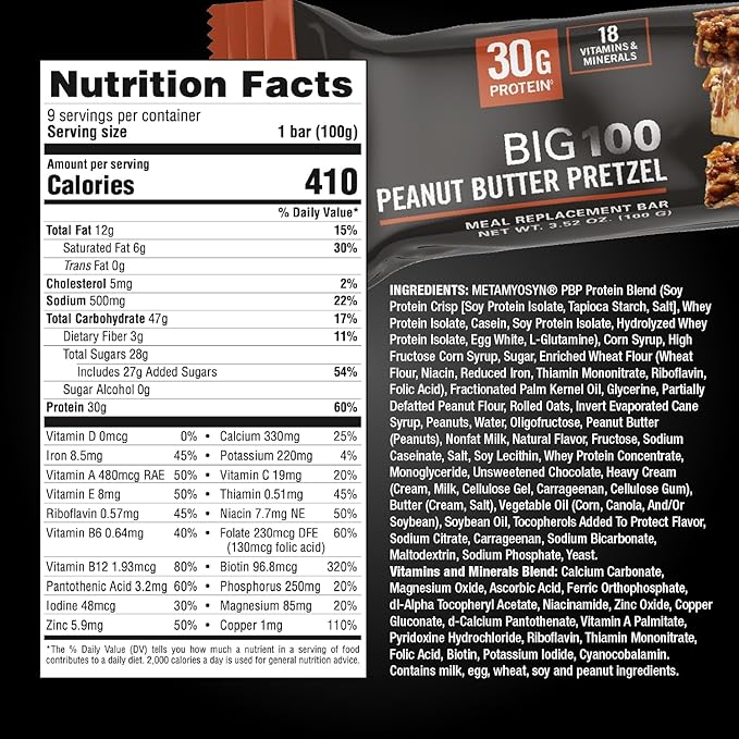 MET-Rx Big 100 Colossal Protein Bars, Great as Healthy Meal Replacement, Snack, and Help Support Energy, Peanut Butter Pretzel, With Vitamin A, Vitamin C, and Zinc, 100 g, (Pack of 9)