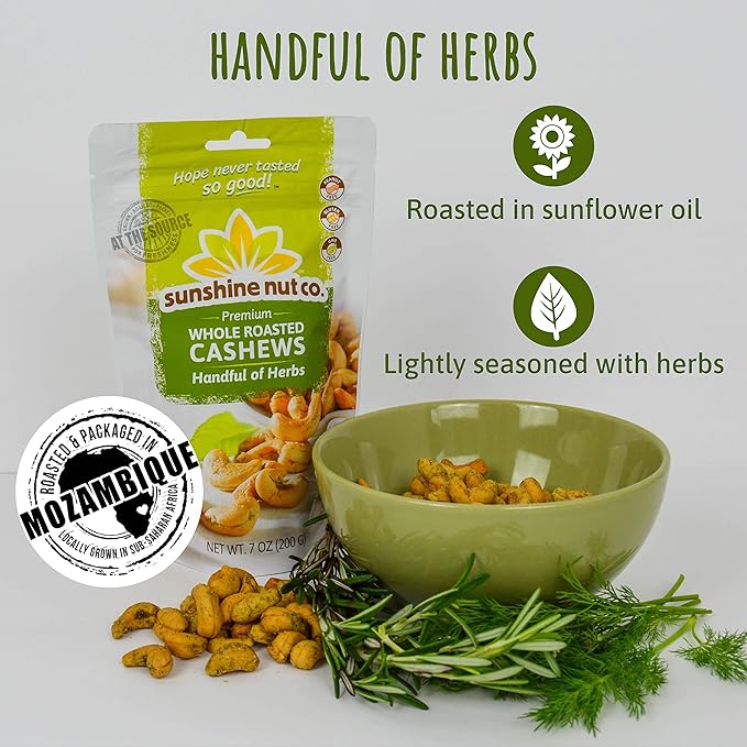 Sunshine Nut Company Whole Roasted Lightly Salted Cashews, Handful of Herbs Flavor, 2 Pack, 7 oz. Each, Gluten Free, Peanut Free and Vegan Individual Snack Packs for Kids and Adults, GMO Free