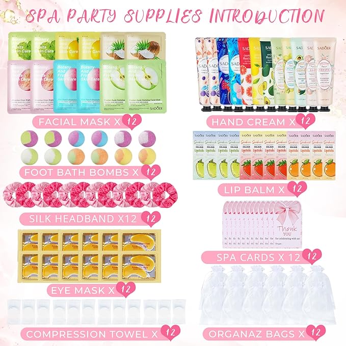 108 Piece Girls Spa Party Supplies Set , Face Masks, Hand Creams, Eye Patches, Bath Bombs, Lip Balms, 12 Person Kit