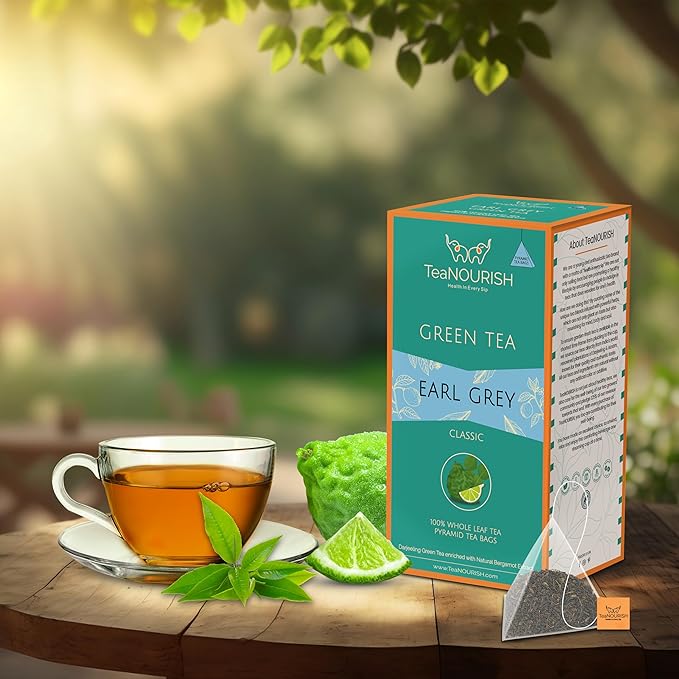TeaNOURISH Earl Grey Green Tea | 20 Count Pyramid Tea Bags | Darjeeling Whole Leaf Tea Enriched with Natural Bergamot Extract | 100% NATURAL INGREDIENTS