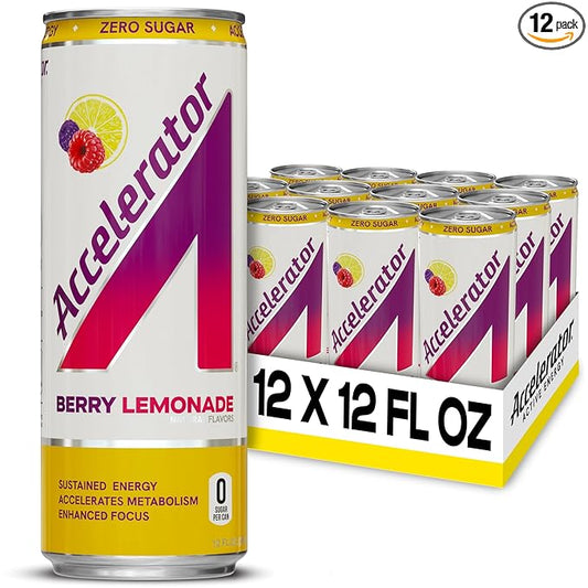 Accelerator Energy Drink Sugar Free, Berry Lemonade 12oz can(12 pack),Zero Sugar Energy Drinks with Sustained Energy from 100% Natural Caffeine (200mg) & Green Tea extract