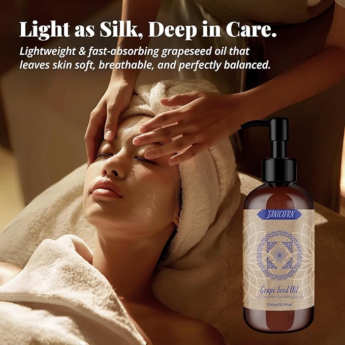 100% Pure Grapeseed Oil – Cold-Pressed, Unscented, Lightweight Natural Oil for Skin, Hair, Face & Body, Premium Quality Moisturizer for Massage & Aromatherapy, 8 fl oz / 236ml