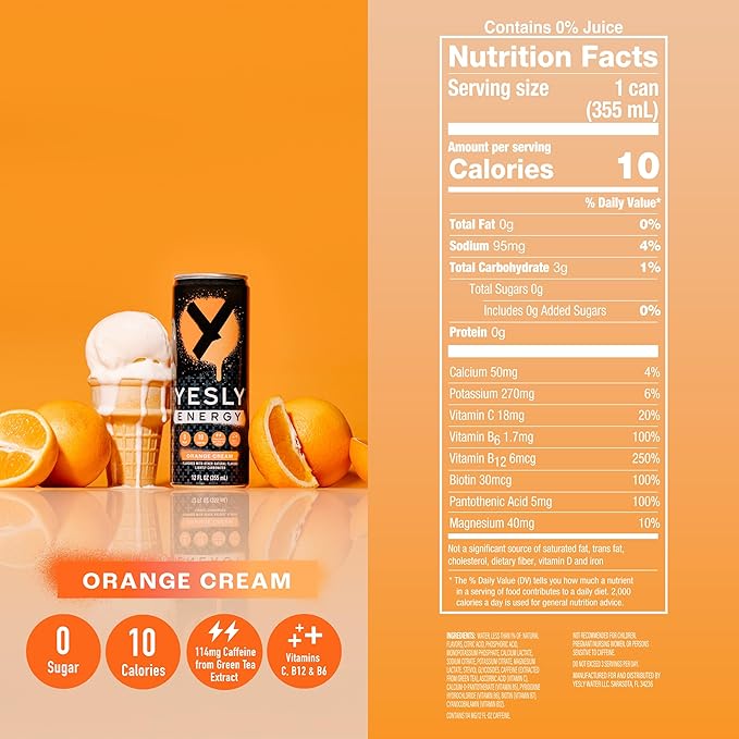 Yesly Energy Drink, Orange Cream, Naturally Flavored Sparkling Energy Drink With Electrolytes, Magnesium, Potassium, Vitamin C, B6 & B12, Natural Caffeine From Green Tea, 12 Fl Oz Cans, 12 Pack