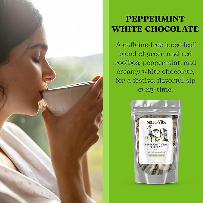 Nelson's Tea - Peppermint White Chocolate - Caffeine Free - Loose Leaf Peppermint Tea with Green & Red Rooibos - White Chocolate Tea (16 oz)