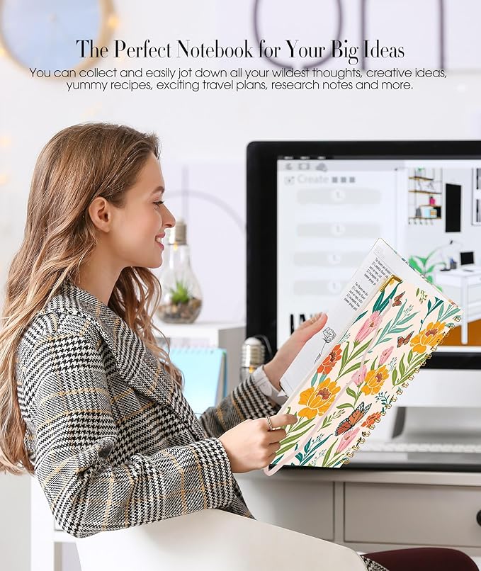 Cute Spiral Notebook Journal for Women, 160 Pages Lined Notebooks 5.75” x 8.38”, A5 Hardcover Spiral Journals with 100 GSM Thick Paper, College Ruled Notebook for Writing Work School, Orange Floral