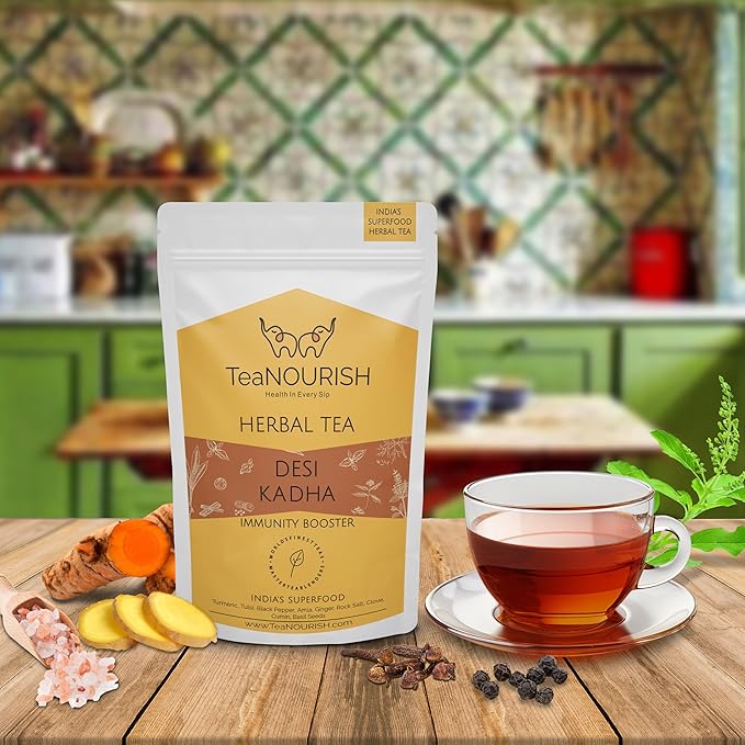 TeaNOURISH Desi Kadha | Immunity Booster Herbal Tea | Indian Superfoods Turmeric, Amla, Tulsi, Ginger & Rock Salt | Relaxing & Warming | 100% NATURAL - 3.53oz/100g