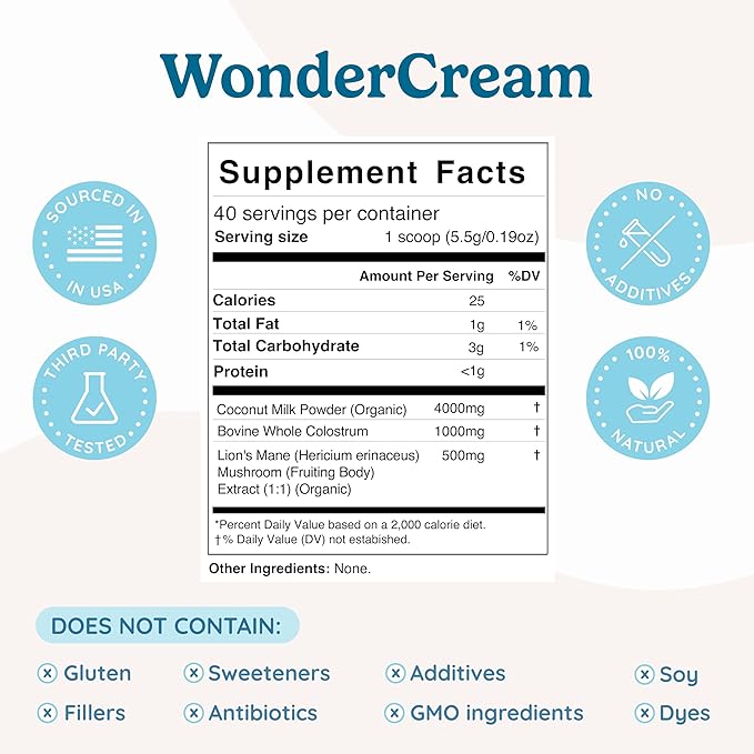 WONDERCOW Bovine Colostrum Superfood Creamer Supplement Powder w/Organic Lions Mane Mushroom & Coconut Milk Powder MCTs | Functional Sugar Free Keto Coffee, Smoothie & Drink Mix Unsweetened