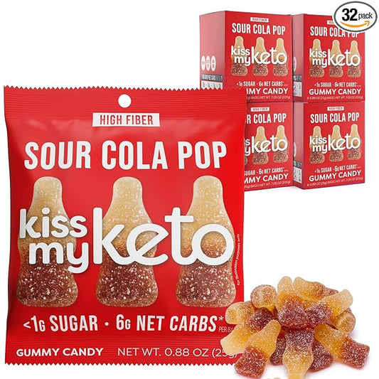 Kiss My Keto Sugar Free Gummies, Sour Cola 32-Pack – Satisfy Cravings while Staying in Ketosis – High Fiber, 6g Net Carbs, Non-GMO, Vegan, & Gluten-Free – Low-Calorie Vegan Candy