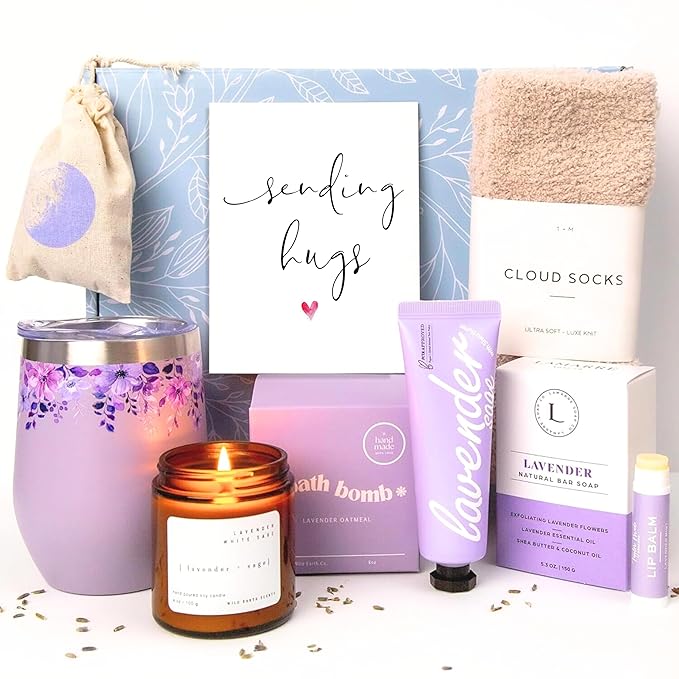 Unboxme Lavender Spa Gift Set – Spa Gift Basket for Women with Candle, Soap, Hand Cream, Mug, Cozy Socks & Card – Self Care Gift Box, Relaxation Gifts for Birthday, Get Well