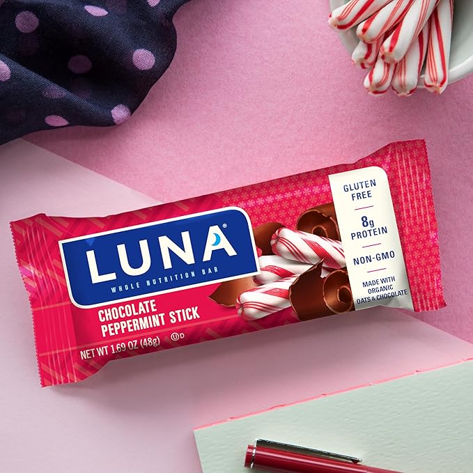 LUNA Bar - Chocolate Peppermint Stick Flavor - Snack Bars - Non-GMO - Gluten-Free Protein Bars - Made with Organic Oats (12 Pack)
