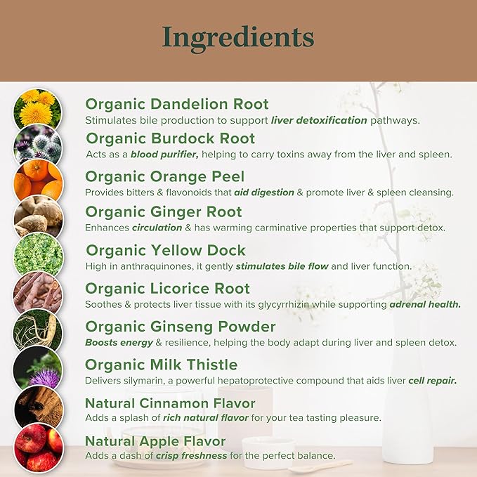 Jade Tea - Organic Liver Detox Tea & Spleen Detox Tea - Organic Dandelion Root, Burdock Root, Ginger Root & Orange Peel - Supports Liver, Gallbladder & and Spleen Health - Apple Cinnamon - Made in USA