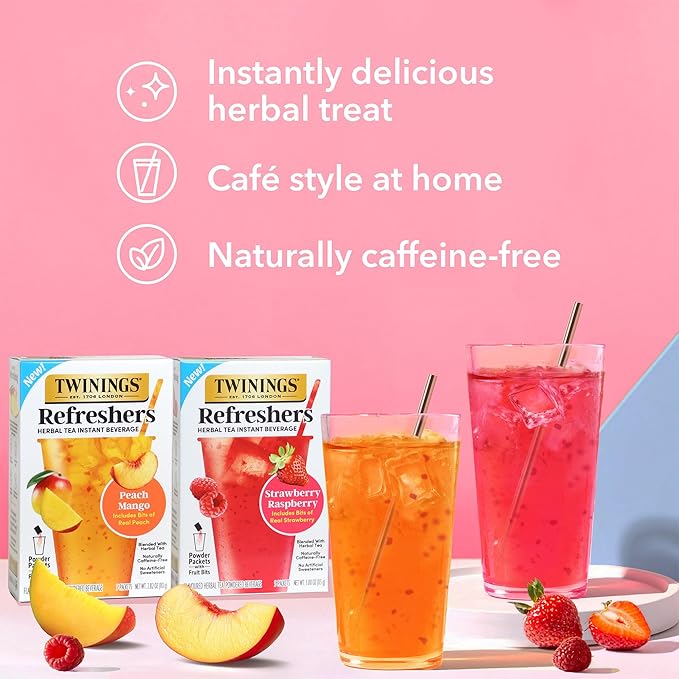 NEW Twinings Peach Mango Refreshers, Herbal Tea Instant Beverage with Real Peach Fruit Bits, 5 Count (Pack of 6), Café Style, No Artificial Sweeteners, Naturally Caffeine-Free Refreshment, 30 Packets