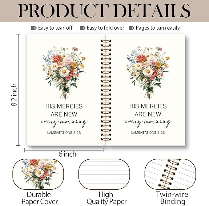 Floral Bible Notebook Journal - Christian Spiral Notebook, Bible Notebooks for Note Taking, His Mercies Floral Flower Notebooks Gifts for Women, Christian School Office Supplies, 6x8.2In