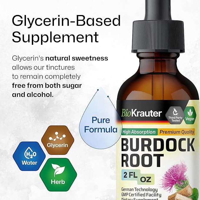 BIO KRAUTER Burdock Root Tincture - Antioxidant Support Liquid Supplement - Burdock Root Extract - Alcohol and Sugar Free - Vegan Drops 2 Fl.Oz.