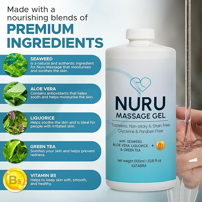 Nuru Massage Gel (33.81 fl oz) | Water-Based | Paraben & Glycerine Free | Formulated with Natural Seaweed, Green Tea, Liquorice Extract, Vitamin B5, & Organic Aloe Vera