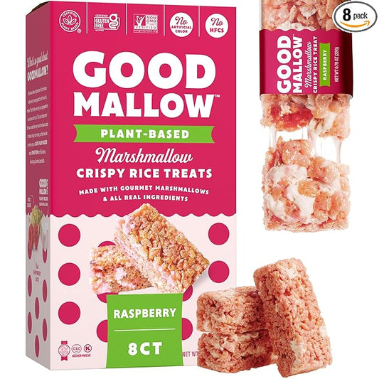 GoodMallow Vegan Rice Crispy Treats Individually Wrapped Box of 8, Kosher Vegan Snacks, Gluten Free Dairy Free Snacks for Kids & Adults - Healthy Sweets Made with Gourmet Marshmallows (Raspberry)