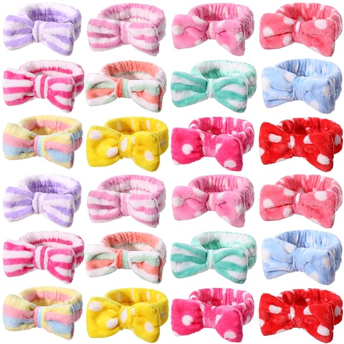 WILLBOND Spa Headband Bow Hairband Facial Makeup Women Face Wash Adjustable Skincare Headbands Flannel Towel Soft Head Wraps for Women Shower Washing Face(Vivid,24 Pieces)