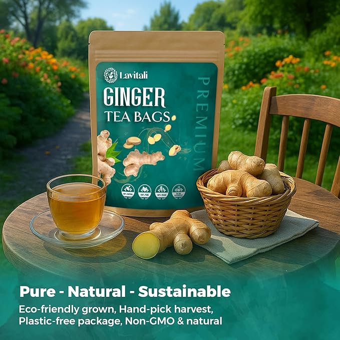 Lavitali, Ginger Tea Bags | 60 bags, 100% Pure Herbal Tea | Caffeine-Free, No Sugar, Eco-Friendly Filter Bags | Daily Natural Botanical, Hot or Iced Herbal Infusion