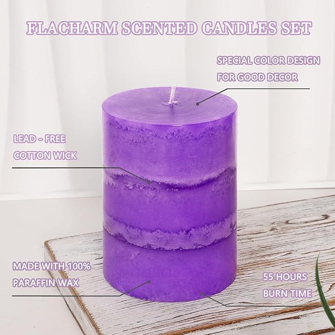 3" x 4" Handmade Pillar Candles Lavender Scented Purple Decorative Modern Aesthetic Long Clean Burning Fragrance Candle for Wedding Spas Meditations Christmas Home Decor,Set of 3