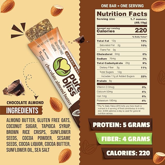 Organic Real Food Bar (Chocolate Almond Butter) Non-GMO, Gluten Free, Vegan, Nutrition Bars, Energy Bars, Super Food Simple Ingredients, Best Tasting, Healthy Snack, Breakfast Bars, Dairy Free, Soy Free, Pure Bliss Organics (1.7 oz bar, 12-Pack Case)