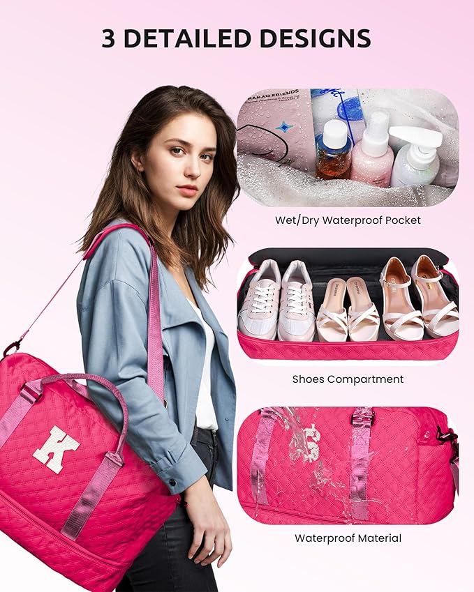 Gifts for Girls 14-16, Birthday Gift-Initial Travel Bag with Shoe Compartment, Personalized Weekender Bag, Monogram Overnight Bag for Women, Letter Travel Bag with Makeup Bag (Letter F)