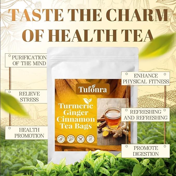 Premium Turmeric Ginger Cinnamon Tea Bags, Turmeric Cinnamon Ginger Tea, 100% Natural Hand-Made Blend Ginger Tea, No Sugar, No Caffeine, No Gluten, Vegan (2)