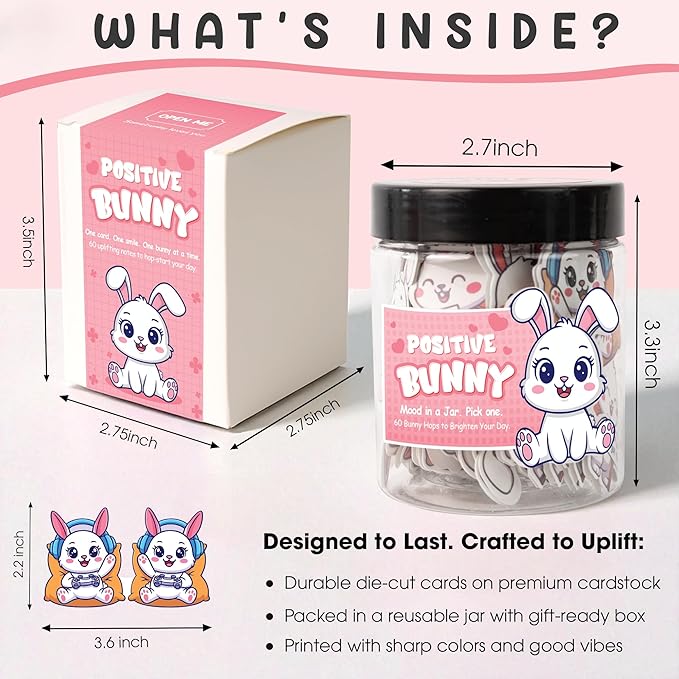 60 Positive Bunny Cards Jar, Emotional Support Bunny Gifts for Women - Daily Affirmation Cards for Women, Positive Affirmations Teen Girl Gifts Trendy Stuff, Gift for Coworkers